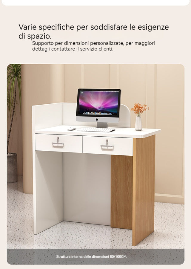 Bancone cassa piccolo e moderno Dotato di luci LED Cassetti con serratura per garantire la sicurezza degli oggetti di valore Ideale per negozi centri estetici e parrucchieri.Color bianco 95*45*100/140