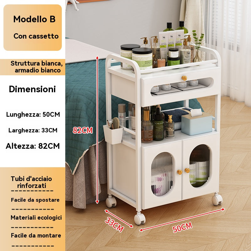 Carrello per centro estetico residenziale con rotelle e 1 cassetto, 1 armadietto trasparente, carrello bianco, carrello per salone di bellezza, carrello da lavoro moderno per bagno soggiorno