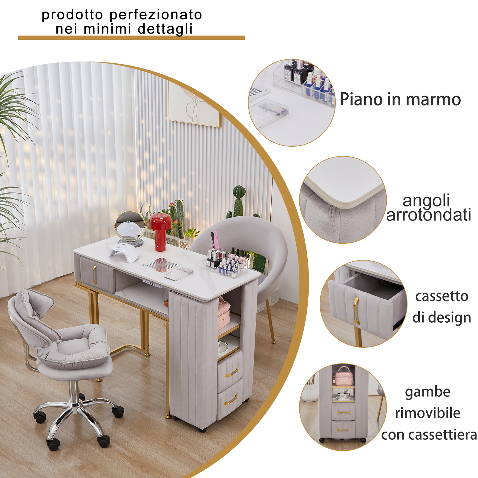 Tavolo per Manicure Professionale per Ricostruzione Unghie e Onicotecnica con 3 cassetti, aspiratore Integrato, Alimentazione Interna e Caricabatterie