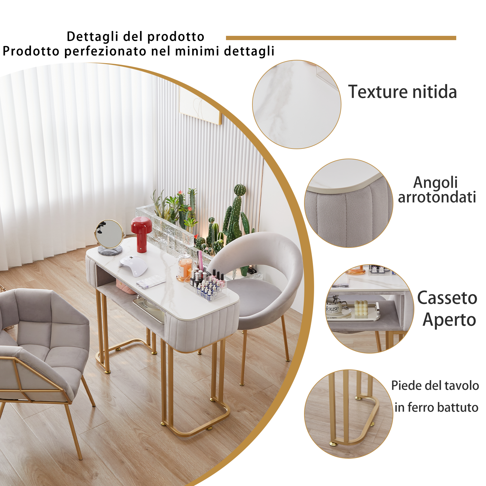 Tavolo per Manicure Semplice Ed Elegante con Piano in Marmo e Struttura in Metallo - Dimensioni Singolo 100x40x78 cm Doppio 160x40x78 cm