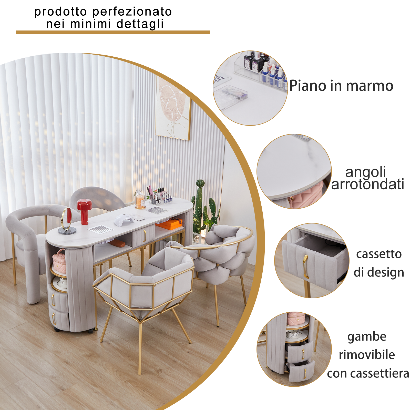 Tavolo per unghie di lusso leggero con piano in marmo Hoover singolo