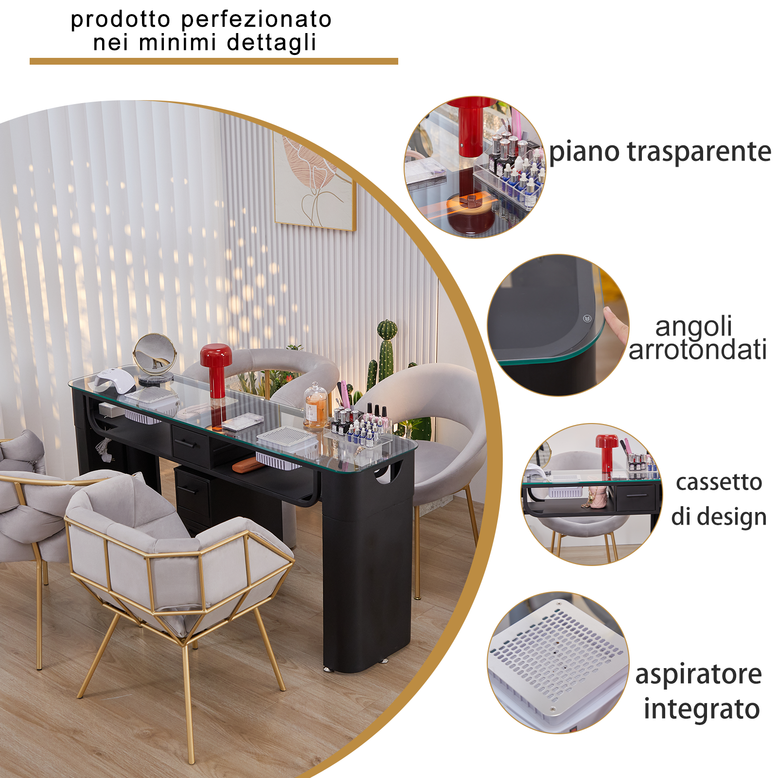 Tavolo per Unghie in Vetro Temperato con Potente Aspiratore - Design Minimalista, Colore Nero - Ideale per Saloni di Bellezza e Nail Art, Misure Singolo 100cm*40cm*78cm, Doppio 160cm*40cm*78cm