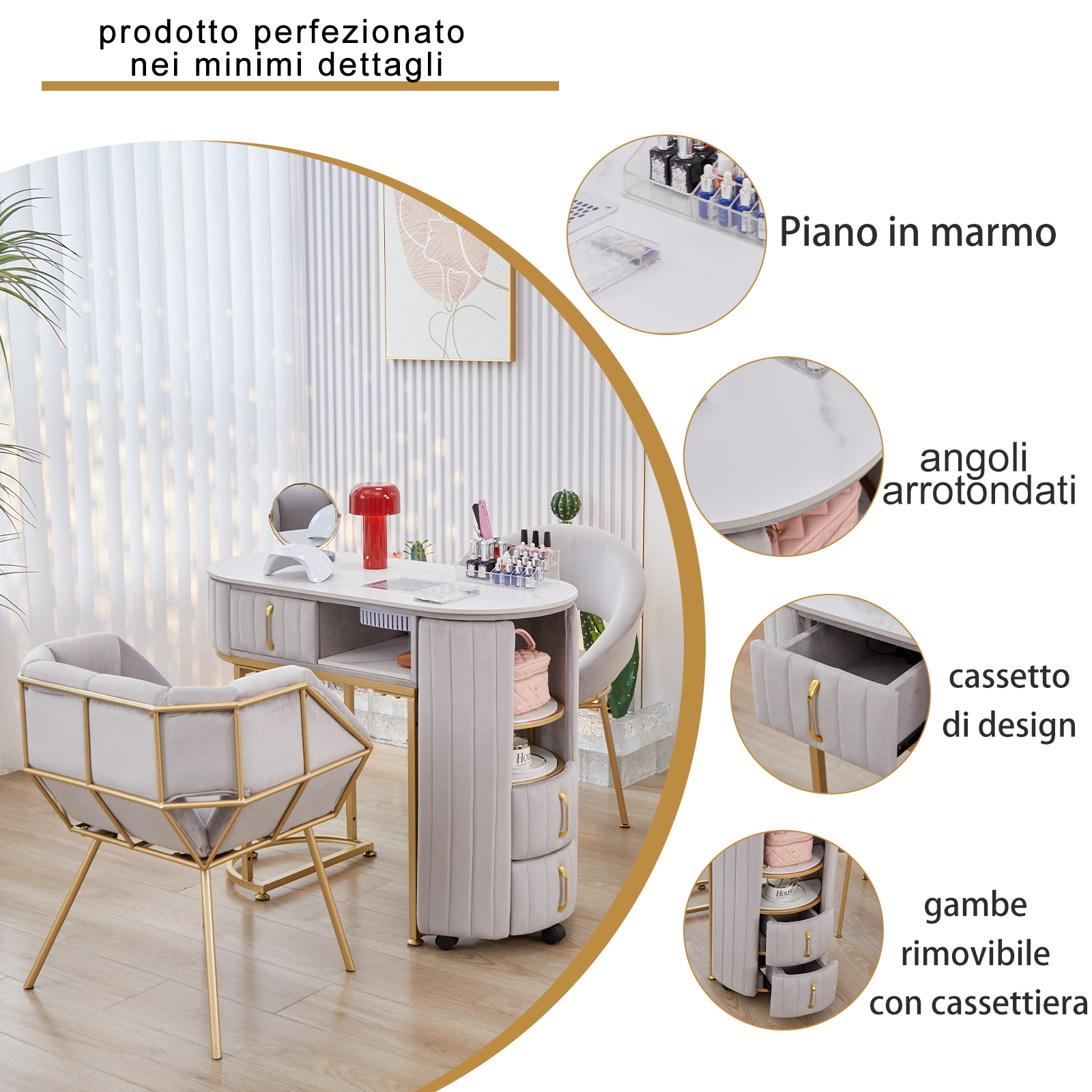 Tavolo per unghie di lusso leggero con piano in marmo Hoover singolo