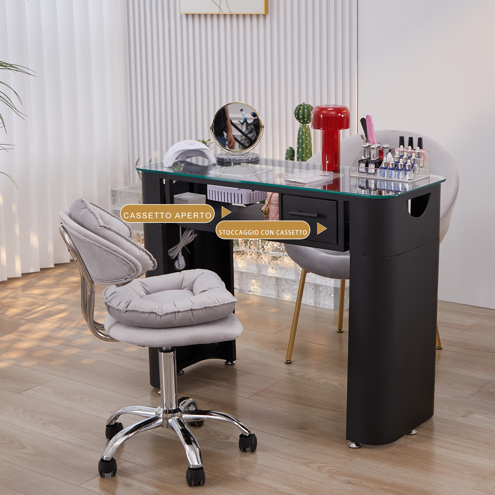 Tavolo per Unghie in Vetro Temperato con Potente Aspiratore - Design Minimalista, Colore Nero - Ideale per Saloni di Bellezza e Nail Art, Misure Singolo 100cm*40cm*78cm, Doppio 160cm*40cm*78cm