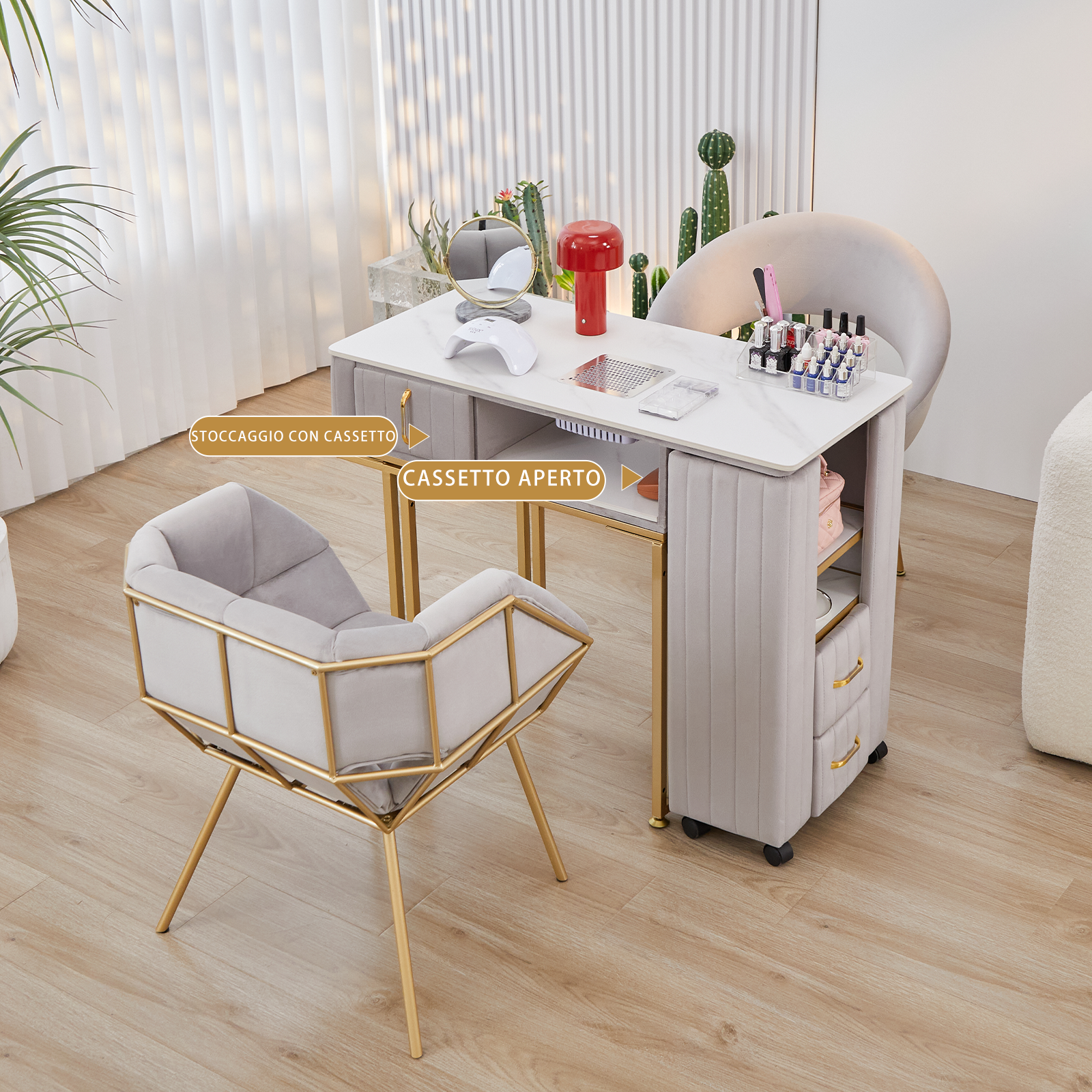 Tavolo per Manicure Professionale per Ricostruzione Unghie e Onicotecnica con 3 cassetti, aspiratore Integrato, Alimentazione Interna e Caricabatterie