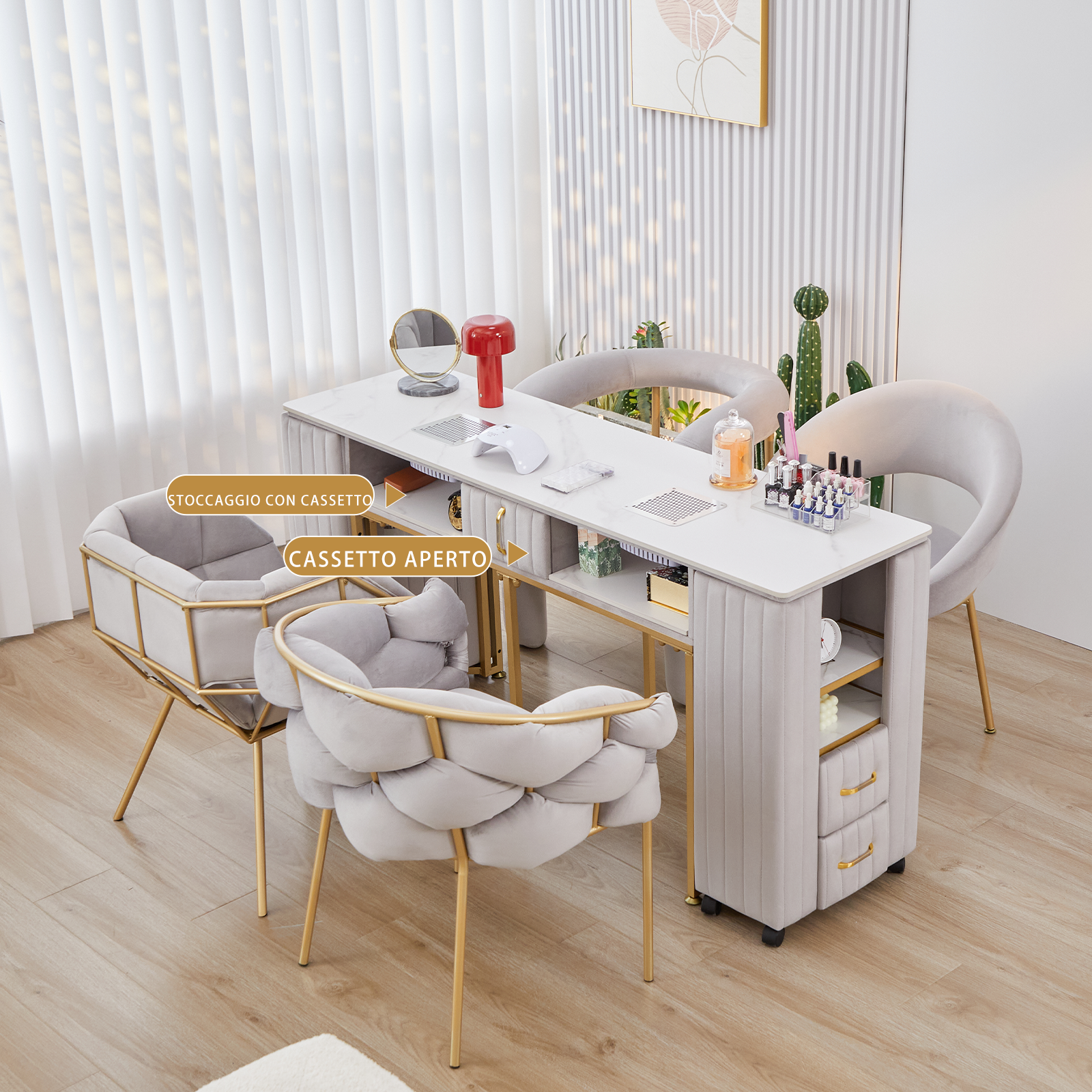 Tavolo per Manicure Professionale per Ricostruzione Unghie e Onicotecnica con 3 cassetti, aspiratore Integrato, Alimentazione Interna e Caricabatterie