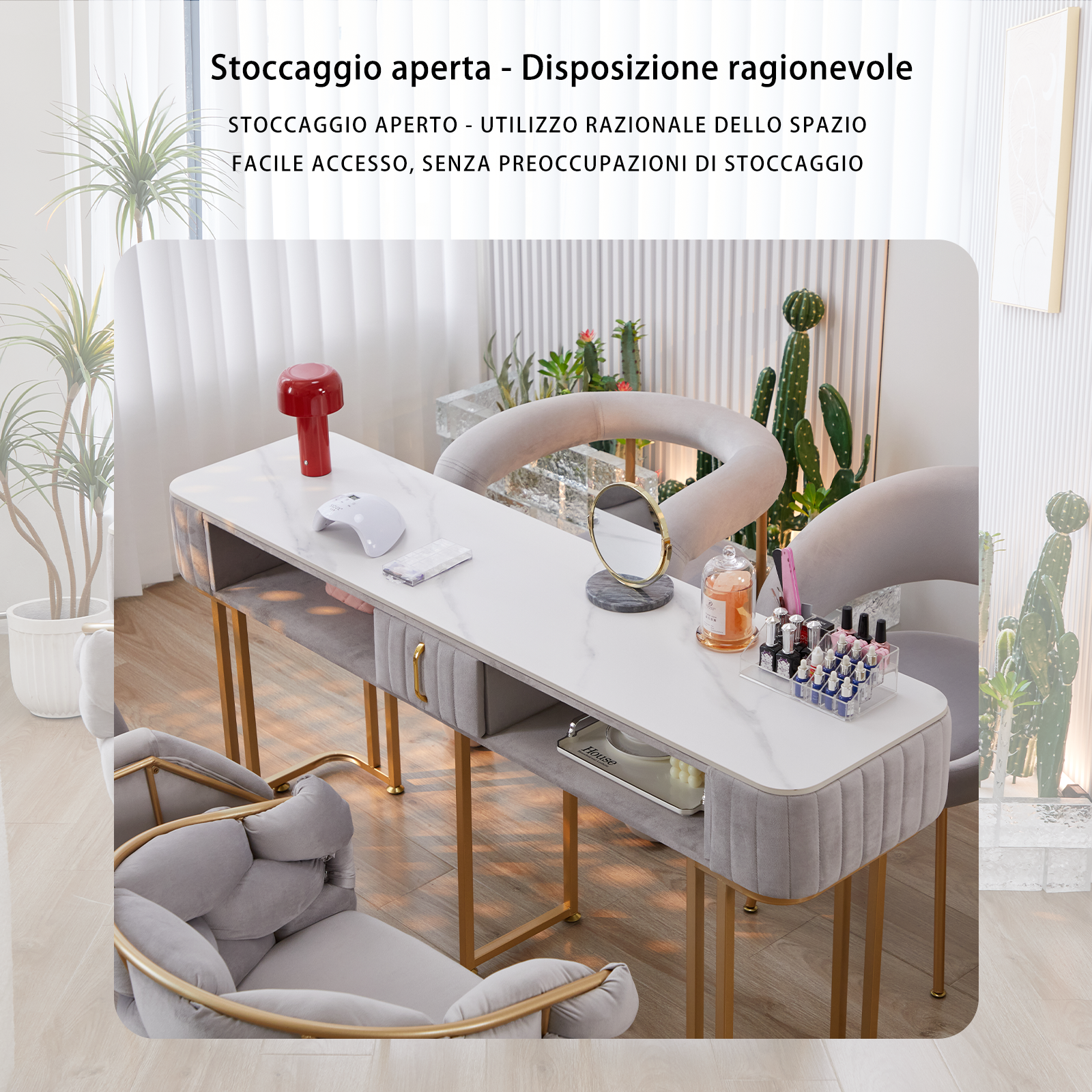 Tavolo per Manicure Semplice Ed Elegante con Piano in Marmo e Struttura in Metallo - Dimensioni Singolo 100x40x78 cm Doppio 160x40x78 cm