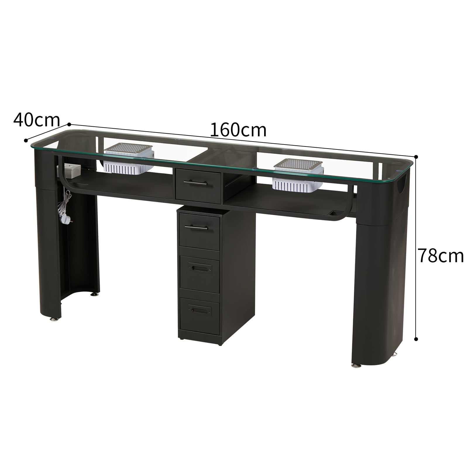 Tavolo per Unghie in Vetro Temperato con Potente Aspiratore - Design Minimalista, Colore Nero - Ideale per Saloni di Bellezza e Nail Art, Misure Singolo 100cm*40cm*78cm, Doppio 160cm*40cm*78cm