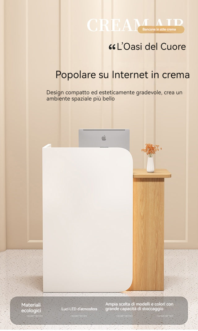 Bancone cassa piccolo e moderno Dotato di luci LED Cassetti con serratura per garantire la sicurezza degli oggetti di valore Ideale per negozi, centri estetici e parrucchieri.Color bianco 95*45*100/140