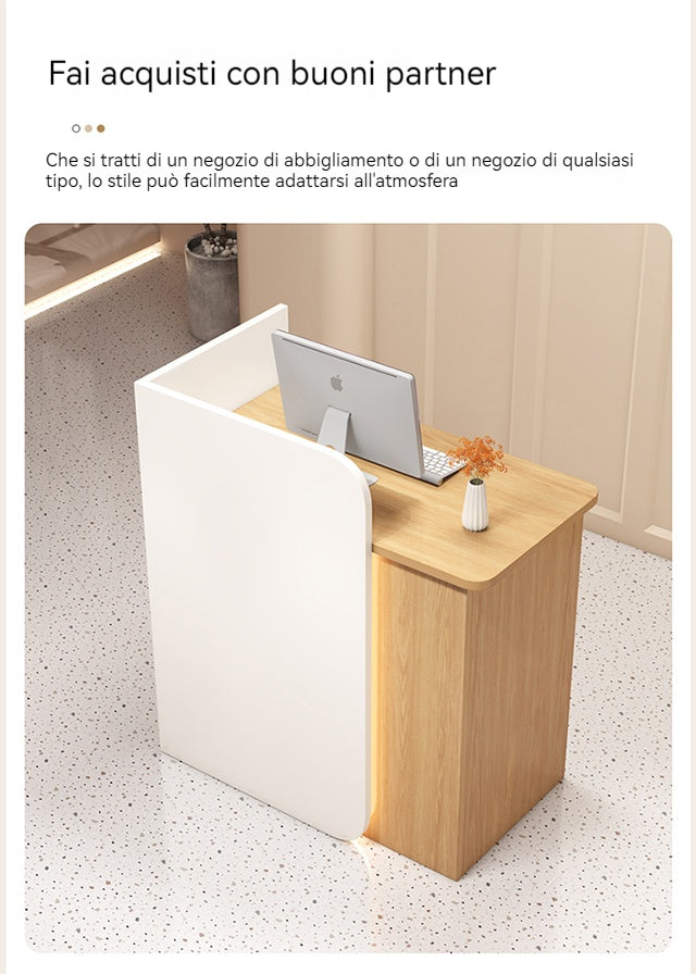 Bancone cassa piccolo e moderno Dotato di luci LED Cassetti con serratura per garantire la sicurezza degli oggetti di valore Ideale per negozi, centri estetici e parrucchieri.Color bianco 95*45*100/140
