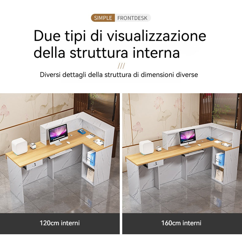 Bancone Reception Moderno in Effetto Marmo con Dettagli in Legno – Design Elegante per Negozio, Studio Estetico 120*110*45