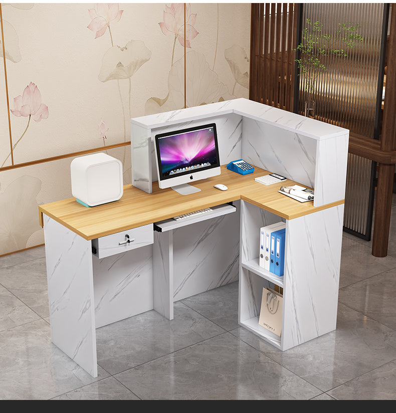 Bancone Reception Moderno in Effetto Marmo con Dettagli in Legno – Design Elegante per Negozio, Studio Estetico 120*110*45