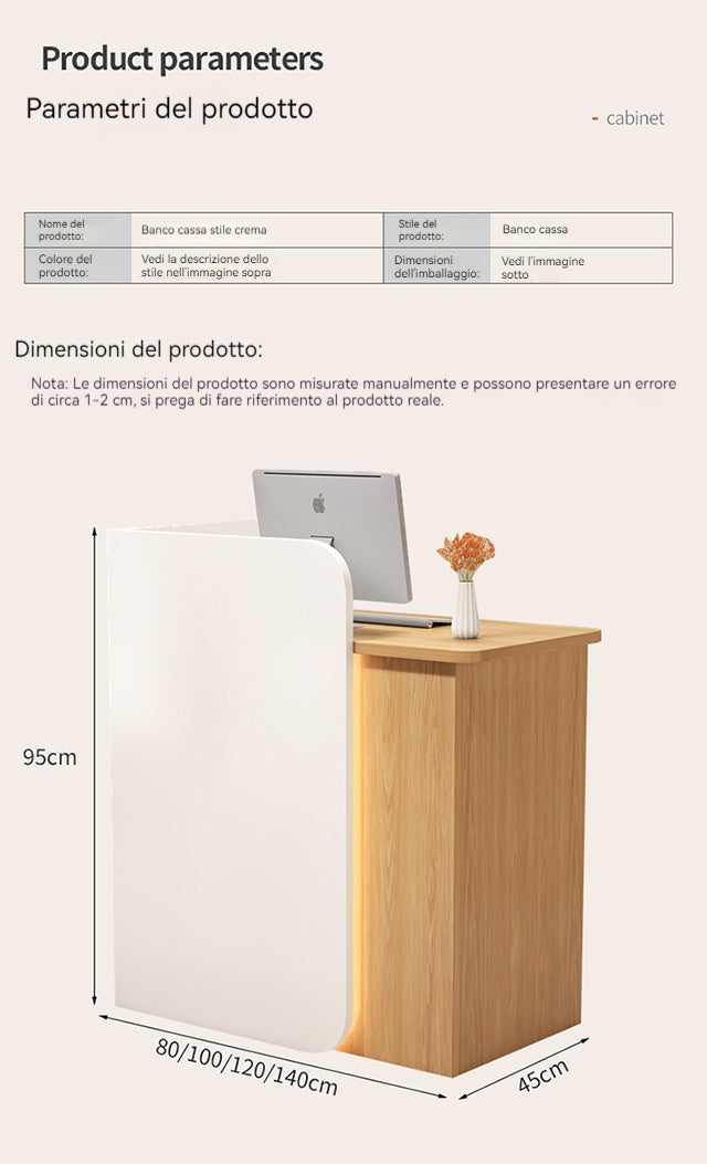 Bancone cassa piccolo e moderno Dotato di luci LED Cassetti con serratura per garantire la sicurezza degli oggetti di valore Ideale per negozi, centri estetici e parrucchieri.Color bianco 95*45*100/140