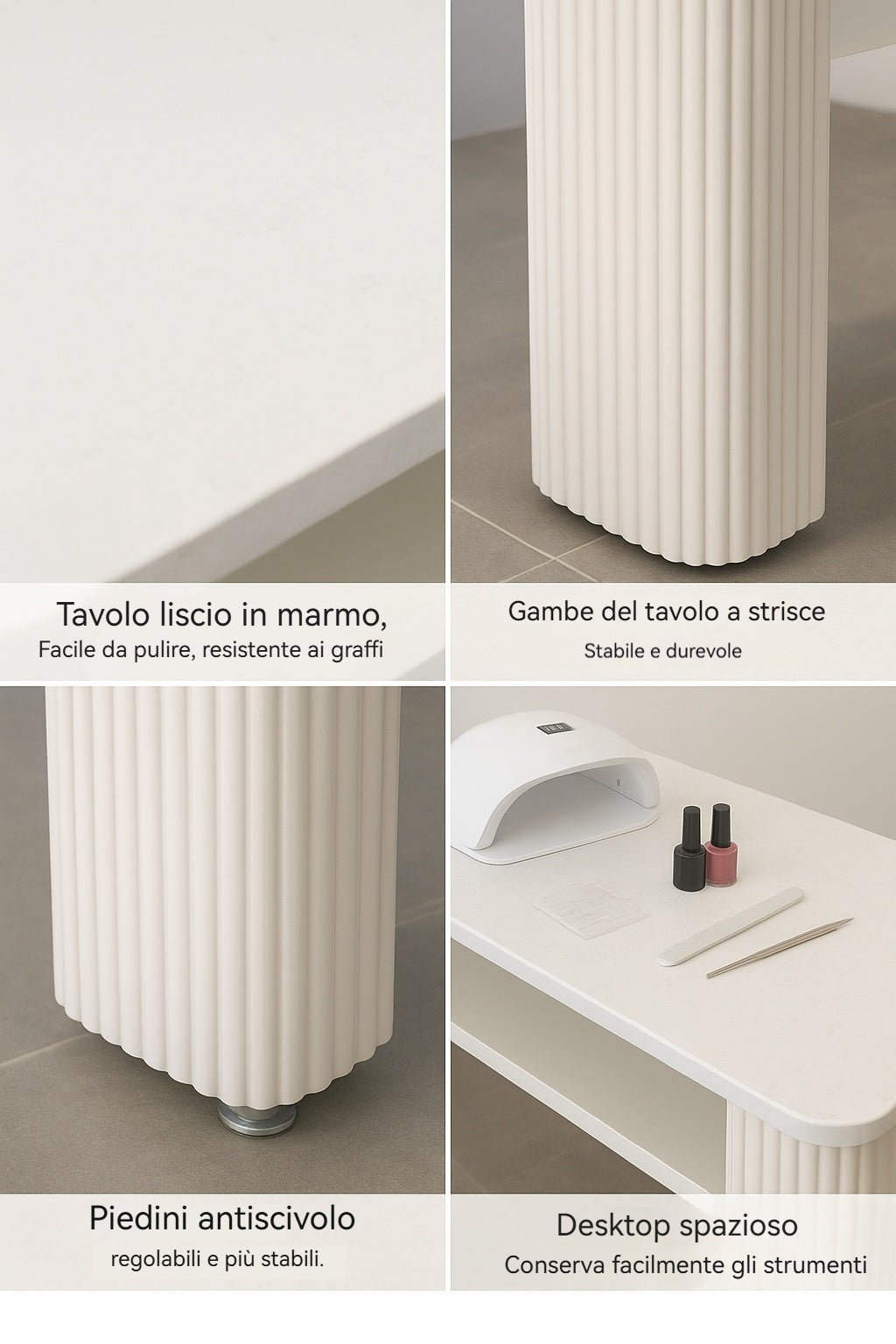 Tavolo per manicure di design｜Piano effetto marmo × Gambe in ferro a strisce｜Postazione professionale per salone di bellezza