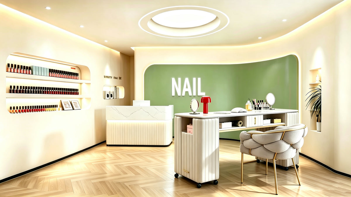Postazione manicure con tavolo chiaro, sedie grigie ed espositore per smalti.