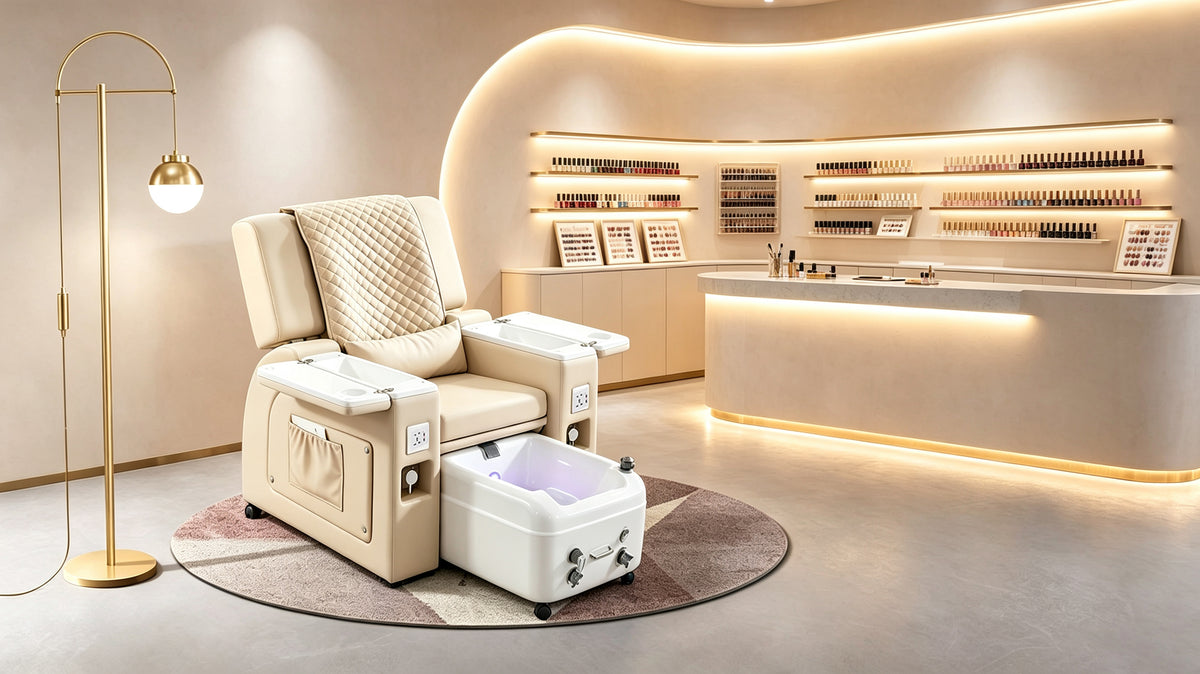 Poltrona pedicure SPA color crema con vasca per i piedi.
